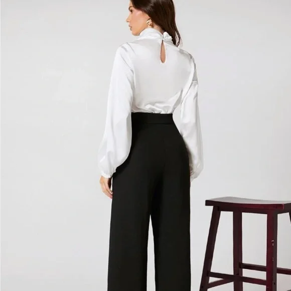 White Stand Mock Neck Satin Blouse Top Sz S, M, L, & XL New - Picture 2 of 6